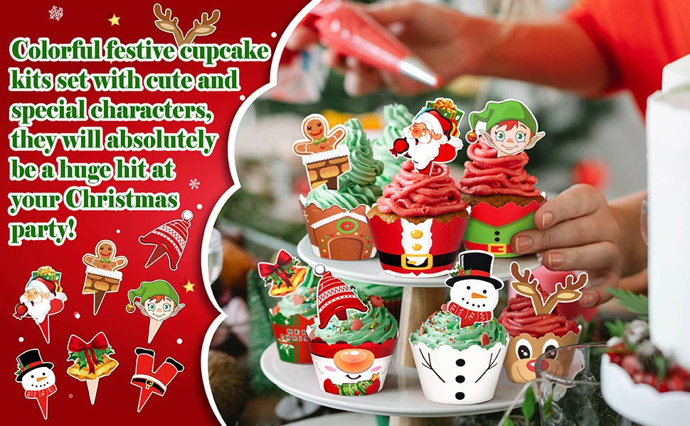 128PCS Christmas Cupcake Toppers Wrappers Santa Claus Snowman Reindeer Gingerbread Cake Decoration for Xmas Party Baking Tools