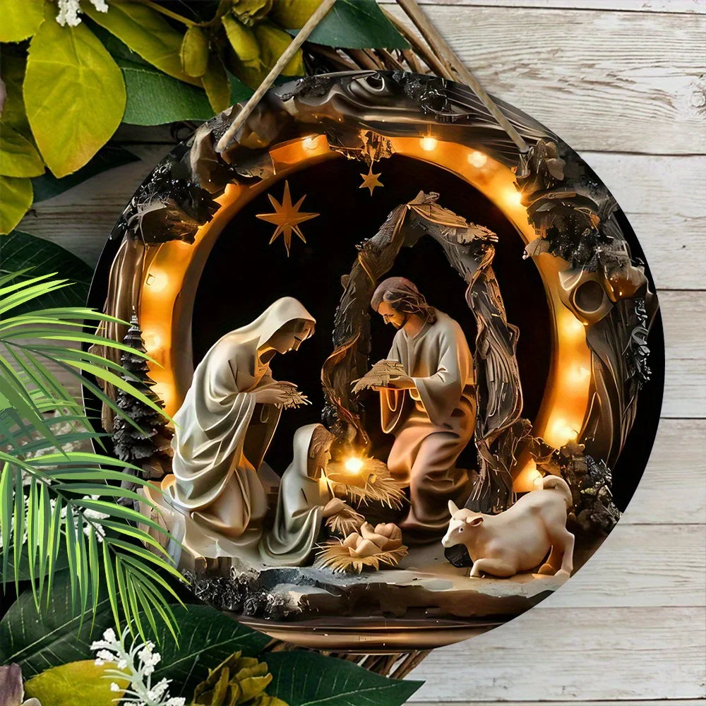 Nativity Scene Wooden Sign 2D Relief Effect of Jesus Round Christmas Ornament for Church Front Door Wall Hanging Decor Ideal