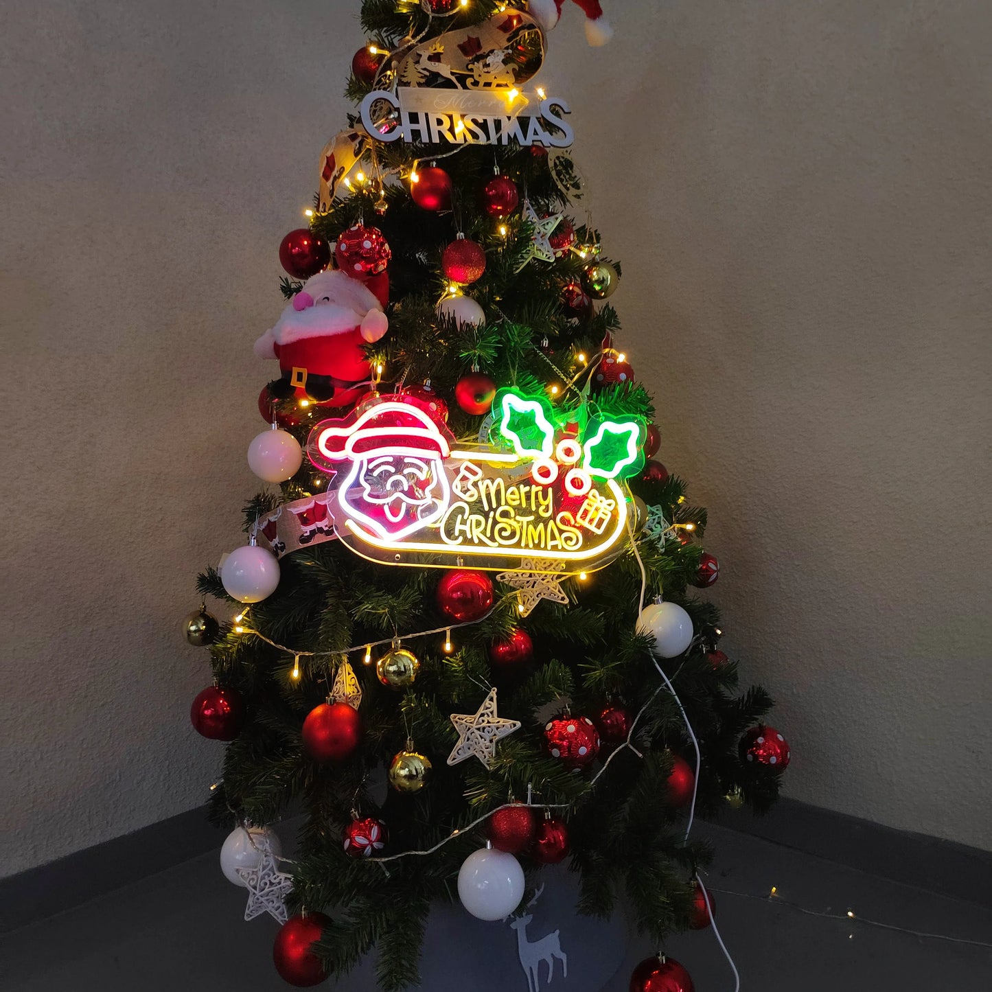 Merry christmas neon ambiance decoration holiday event neon sign, santa claus christmas tree snowman modeling luminous lights