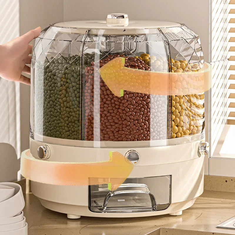 360 Degree Rotating Rice Dispenser Sealed Dry Cereal Grain Bucket Dispenser Moisture-Proof Kitchen Food Container Storage Box
