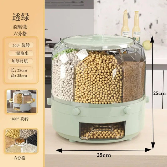 360 Degree Rotating Rice Dispenser Sealed Dry Cereal Grain Bucket Dispenser Moisture-Proof Kitchen Food Container Storage Box