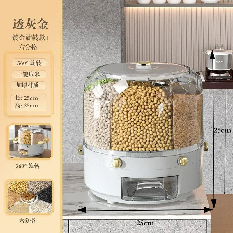 360 Degree Rotating Rice Dispenser Sealed Dry Cereal Grain Bucket Dispenser Moisture-Proof Kitchen Food Container Storage Box