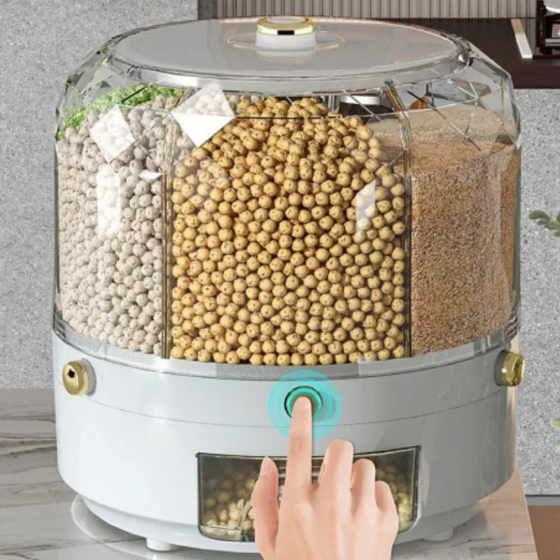 360 Degree Rotating Rice Dispenser Sealed Dry Cereal Grain Bucket Dispenser Moisture-Proof Kitchen Food Container Storage Box