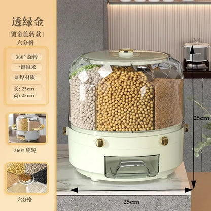 360 Degree Rotating Rice Dispenser Sealed Dry Cereal Grain Bucket Dispenser Moisture-Proof Kitchen Food Container Storage Box