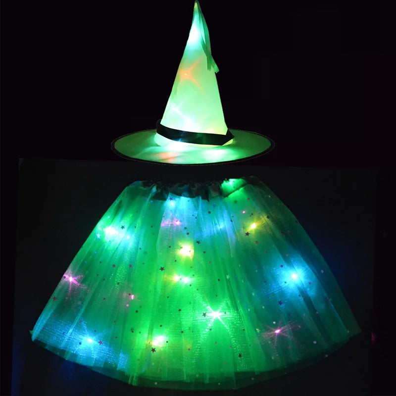 LED Girl Wizard Witch Spider Web Tutu Skirt Cobweb Hat Props Glow Party Birthday Costumes Bat Cloak Halloween Festival Christmas