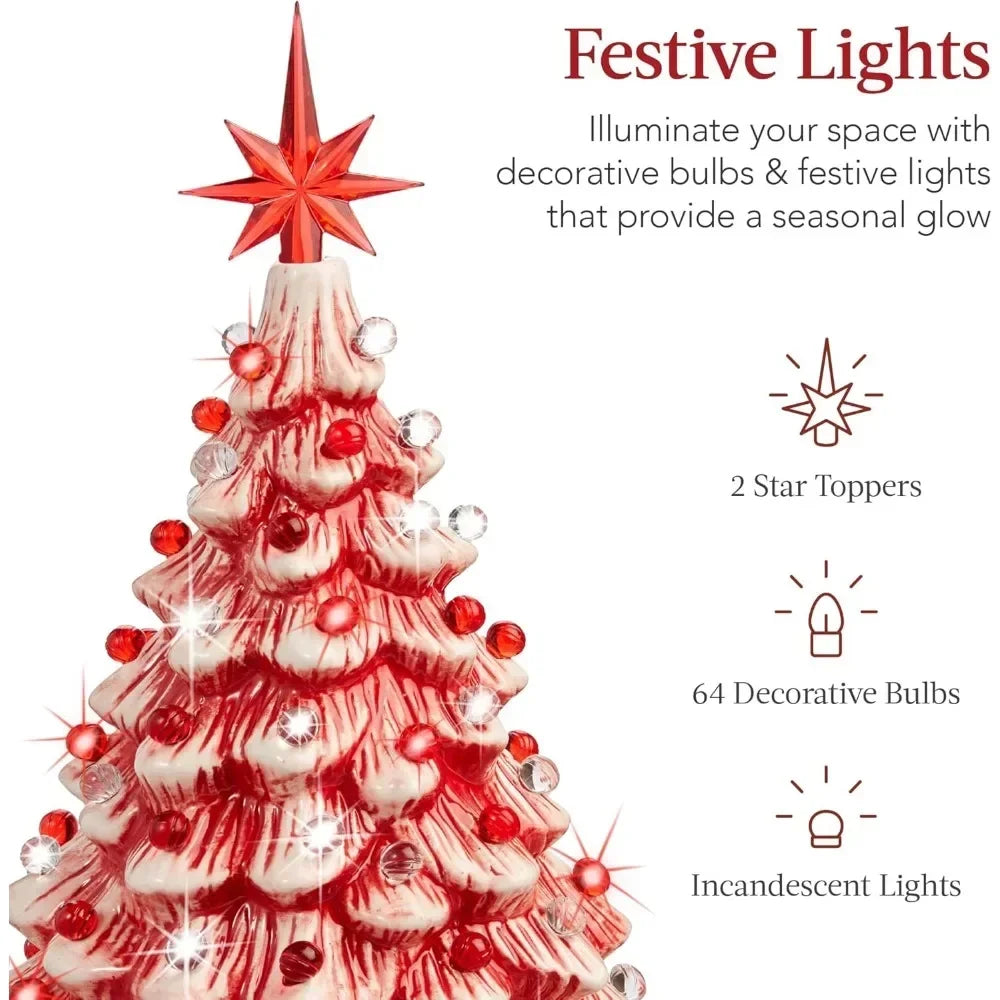 Christmas Tree 15in Ceramic  Pre-lit Hand-Painted Tabletop Holiday Tree, 2 Star Toppers, 64 Lights - Flocked Christmas Trees