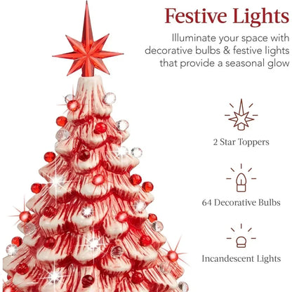 Christmas Tree 15in Ceramic  Pre-lit Hand-Painted Tabletop Holiday Tree, 2 Star Toppers, 64 Lights - Flocked Christmas Trees