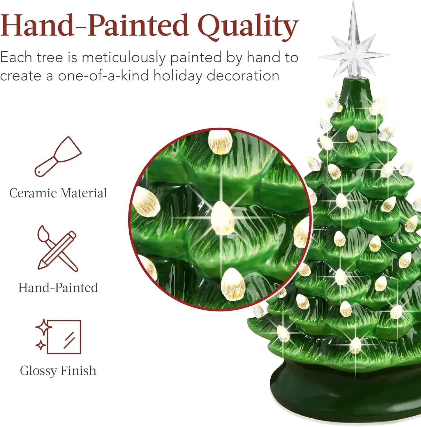 Christmas Tree 15in Ceramic  Pre-lit Hand-Painted Tabletop Holiday Tree, 2 Star Toppers, 64 Lights - Flocked Christmas Trees