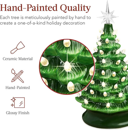 Christmas Tree 15in Ceramic  Pre-lit Hand-Painted Tabletop Holiday Tree, 2 Star Toppers, 64 Lights - Flocked Christmas Trees