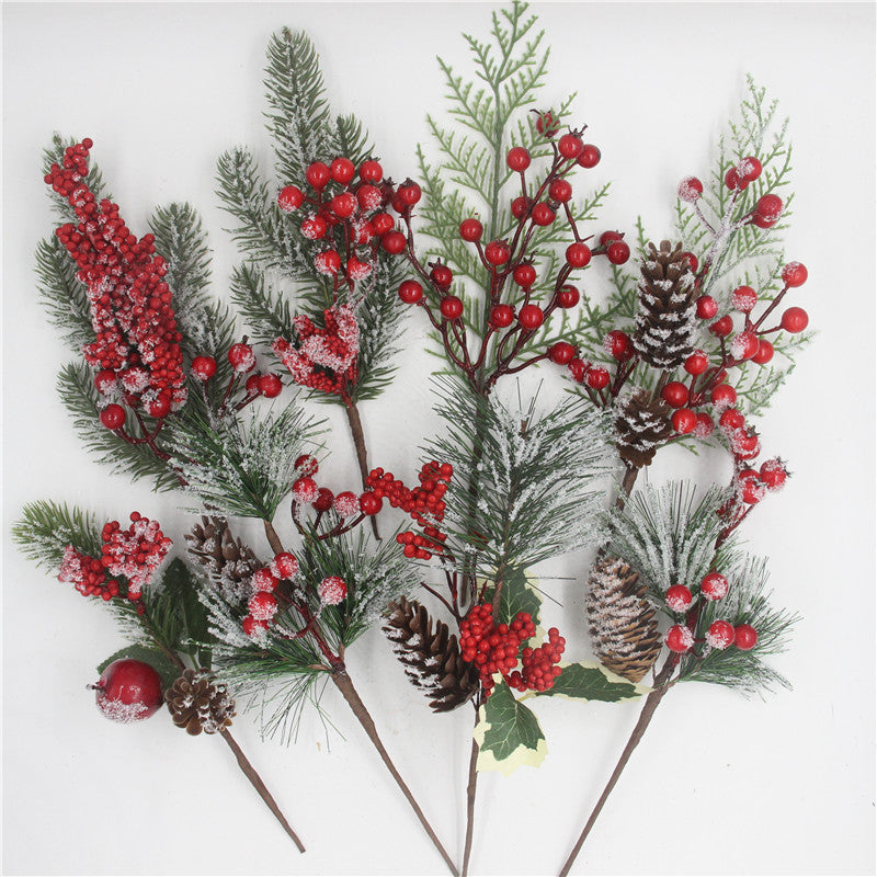 Artificial Christmas Red Berry Branch Artificial Pine Tree Branches Snowflake Pine Needle Pine Cone Branches Xmas DIY Wreath