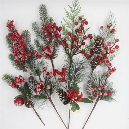 Artificial Christmas Red Berry Branch Artificial Pine Tree Branches Snowflake Pine Needle Pine Cone Branches Xmas DIY Wreath