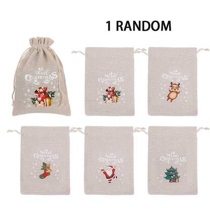 30/1Pcs Christmas Drawstring Bag Santa Claus Snowman Linen Candy Gift Packaging Bags Xmas Favor Bracelet Jewelry Storage Pouch