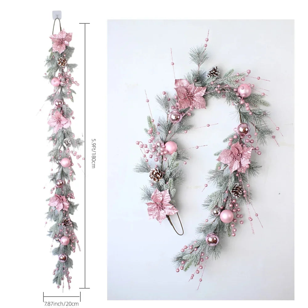 New Christmas Pink Wreath with Balls Artificial Plant Rattan Garland Christmas Rattan Hanging Ornament for New Year Home Decor