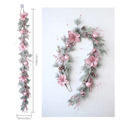 New Christmas Pink Wreath with Balls Artificial Plant Rattan Garland Christmas Rattan Hanging Ornament for New Year Home Decor