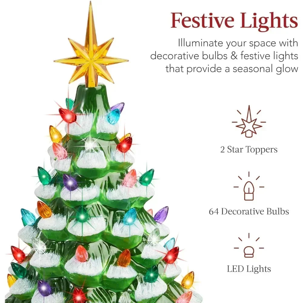 Christmas Tree 15in Ceramic  Pre-lit Hand-Painted Tabletop Holiday Tree, 2 Star Toppers, 64 Lights - Flocked Christmas Trees