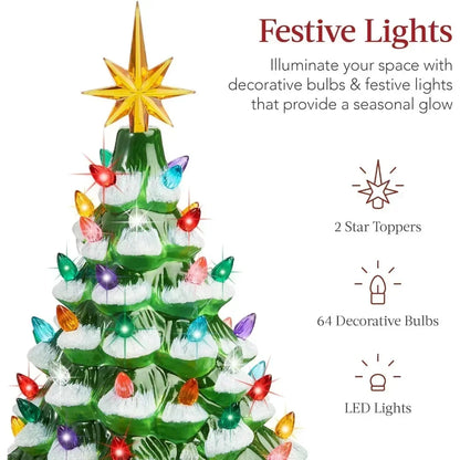 Christmas Tree 15in Ceramic  Pre-lit Hand-Painted Tabletop Holiday Tree, 2 Star Toppers, 64 Lights - Flocked Christmas Trees