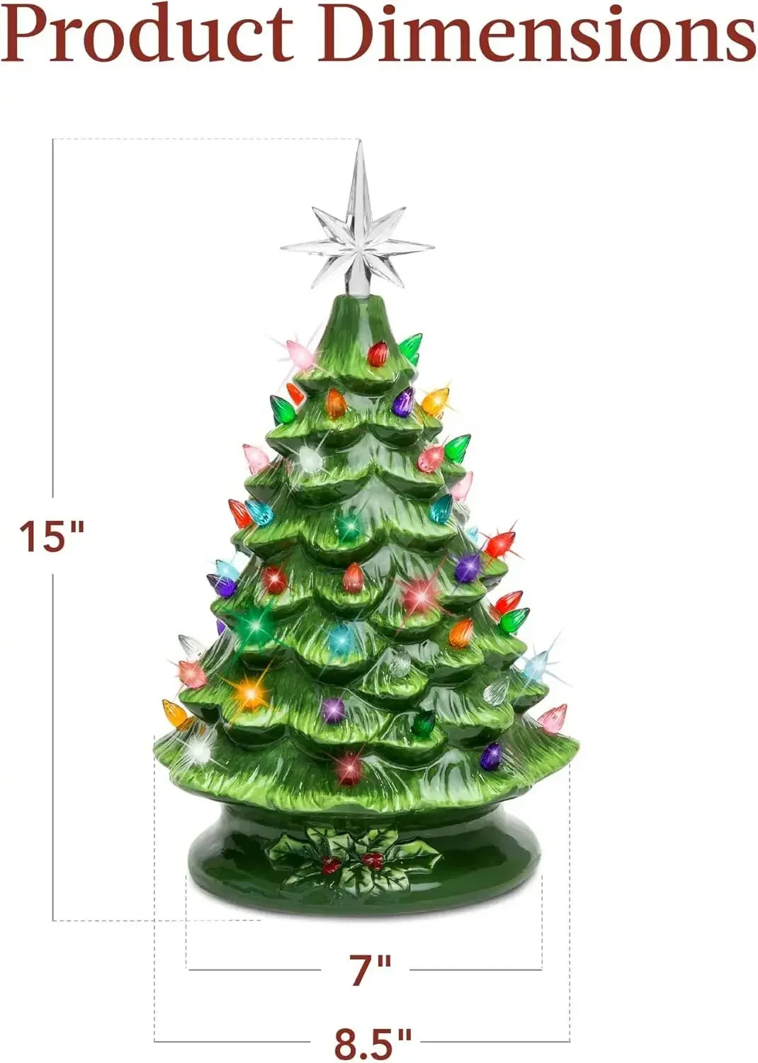 Christmas Tree 15in Ceramic  Pre-lit Hand-Painted Tabletop Holiday Tree, 2 Star Toppers, 64 Lights - Flocked Christmas Trees