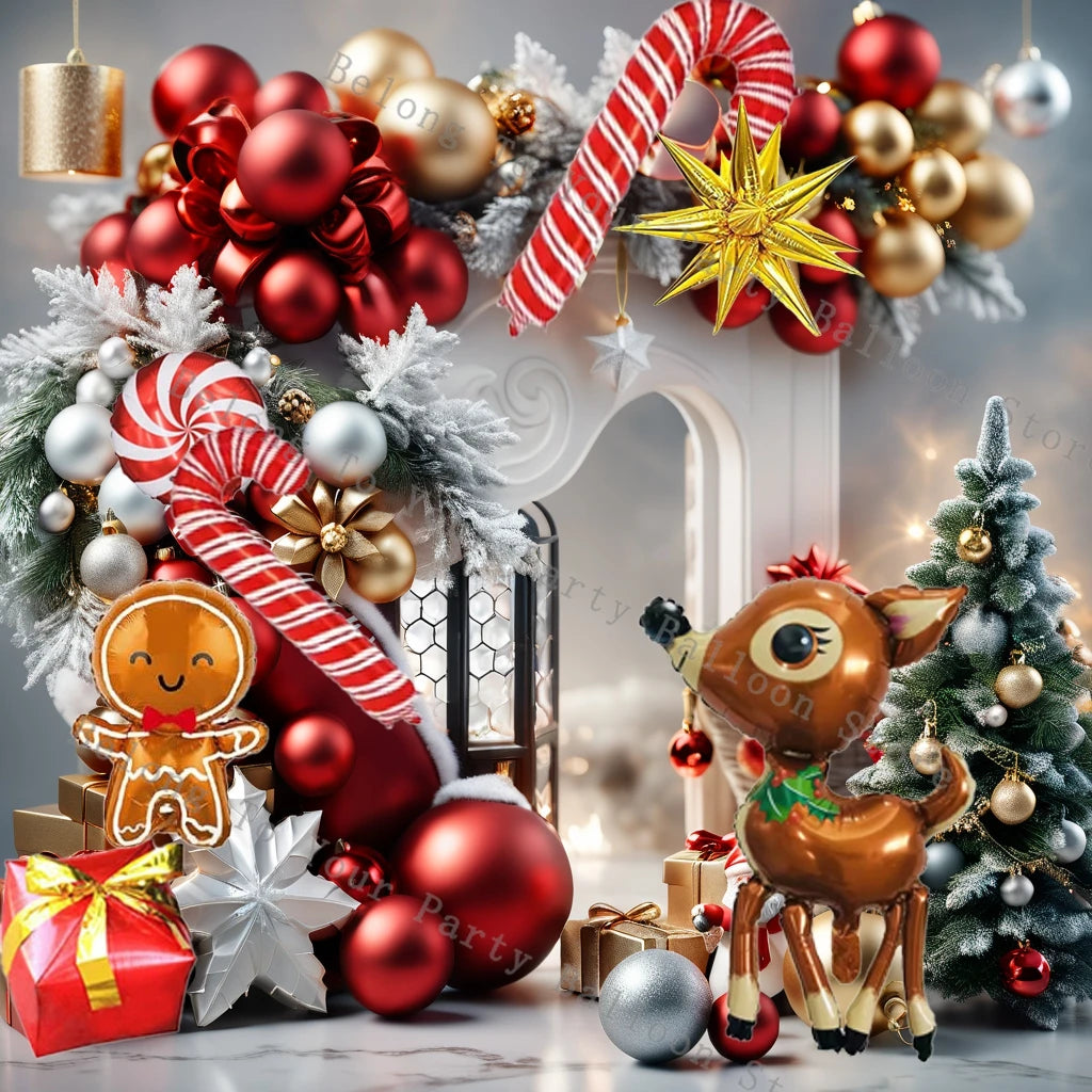 Decorations Christmas Balloons Garland Arch Red Metallic Gold With Gingerbread Man Stars Foil Balloon For Christmas Party Decor