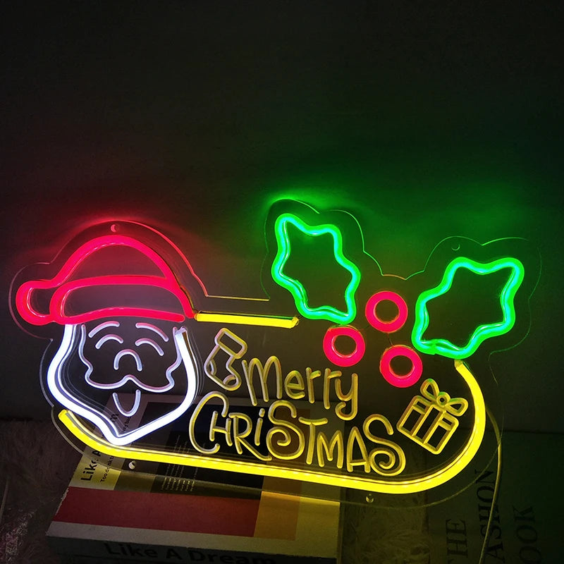 Merry christmas neon ambiance decoration holiday event neon sign, santa claus christmas tree snowman modeling luminous lights