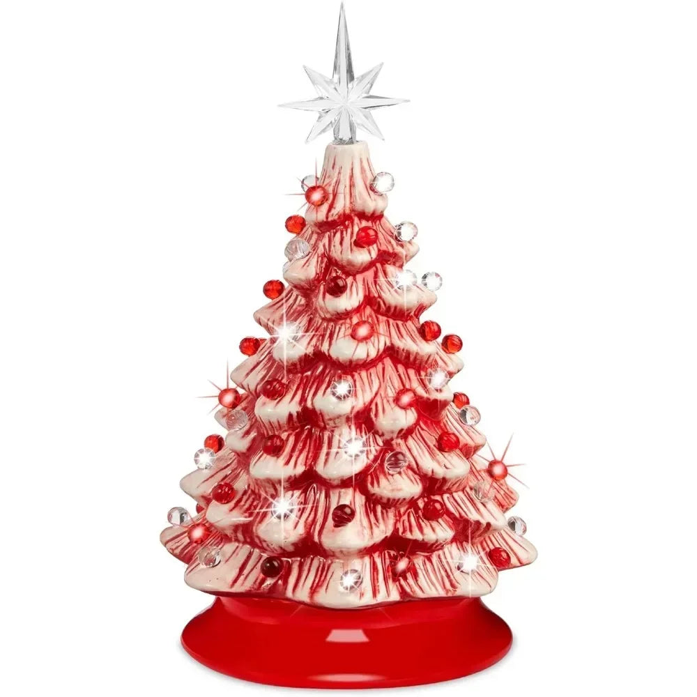 Christmas Tree 15in Ceramic  Pre-lit Hand-Painted Tabletop Holiday Tree, 2 Star Toppers, 64 Lights - Flocked Christmas Trees