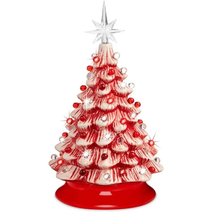 Christmas Tree 15in Ceramic  Pre-lit Hand-Painted Tabletop Holiday Tree, 2 Star Toppers, 64 Lights - Flocked Christmas Trees