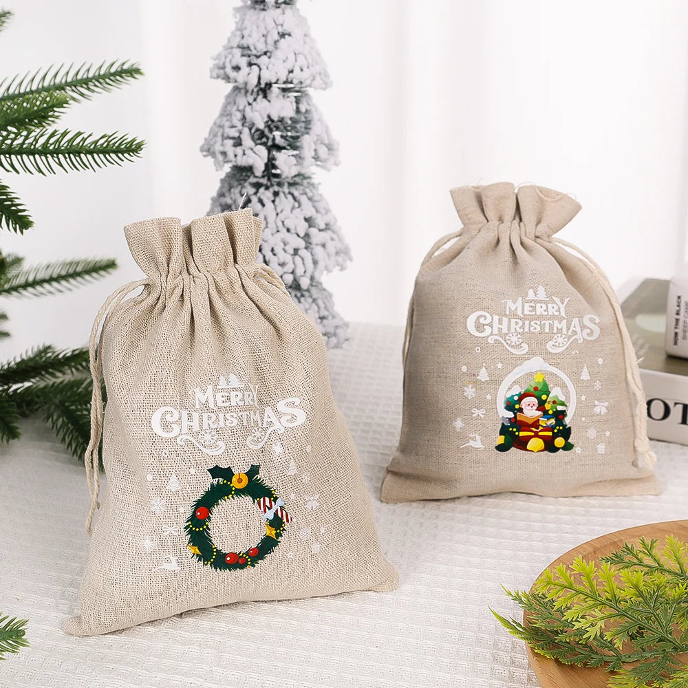 30/1Pcs Christmas Drawstring Bag Santa Claus Snowman Linen Candy Gift Packaging Bags Xmas Favor Bracelet Jewelry Storage Pouch