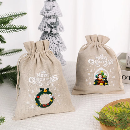 30/1Pcs Christmas Drawstring Bag Santa Claus Snowman Linen Candy Gift Packaging Bags Xmas Favor Bracelet Jewelry Storage Pouch