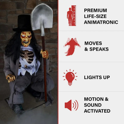 Activated Crouching Grave Digger , Talking Halloween Animatronic for Indoor or Covered Outdoor