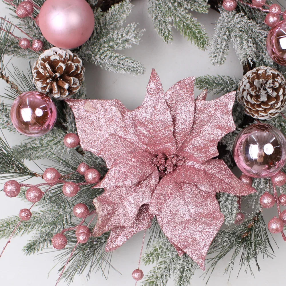 New Christmas Pink Wreath with Balls Artificial Plant Rattan Garland Christmas Rattan Hanging Ornament for New Year Home Decor