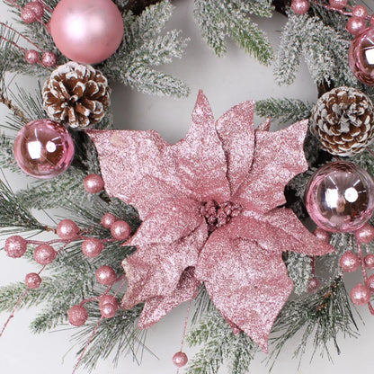New Christmas Pink Wreath with Balls Artificial Plant Rattan Garland Christmas Rattan Hanging Ornament for New Year Home Decor