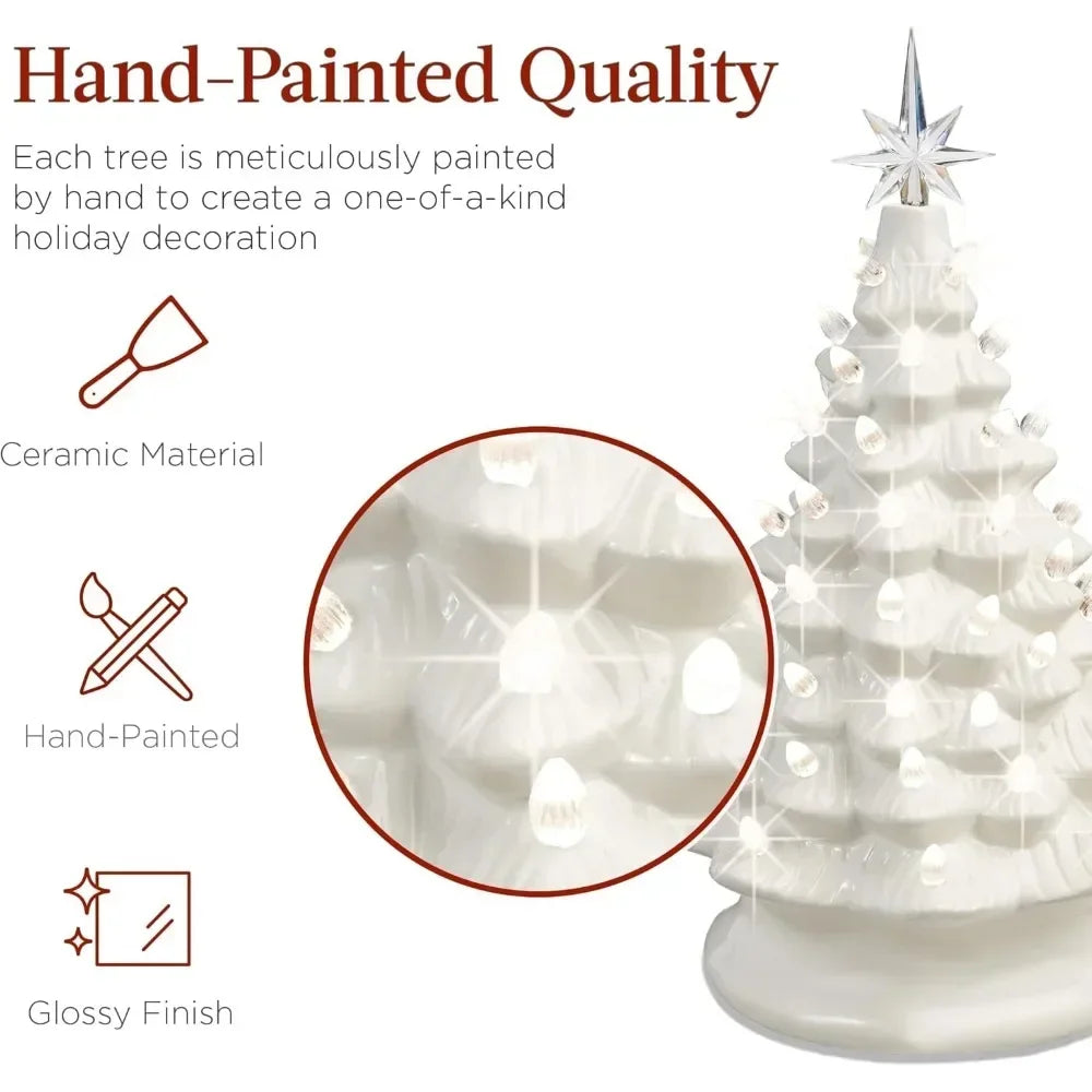 Christmas Tree 15in Ceramic  Pre-lit Hand-Painted Tabletop Holiday Tree, 2 Star Toppers, 64 Lights - Flocked Christmas Trees