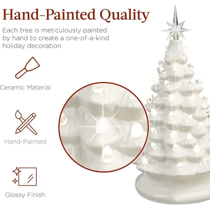 Christmas Tree 15in Ceramic  Pre-lit Hand-Painted Tabletop Holiday Tree, 2 Star Toppers, 64 Lights - Flocked Christmas Trees
