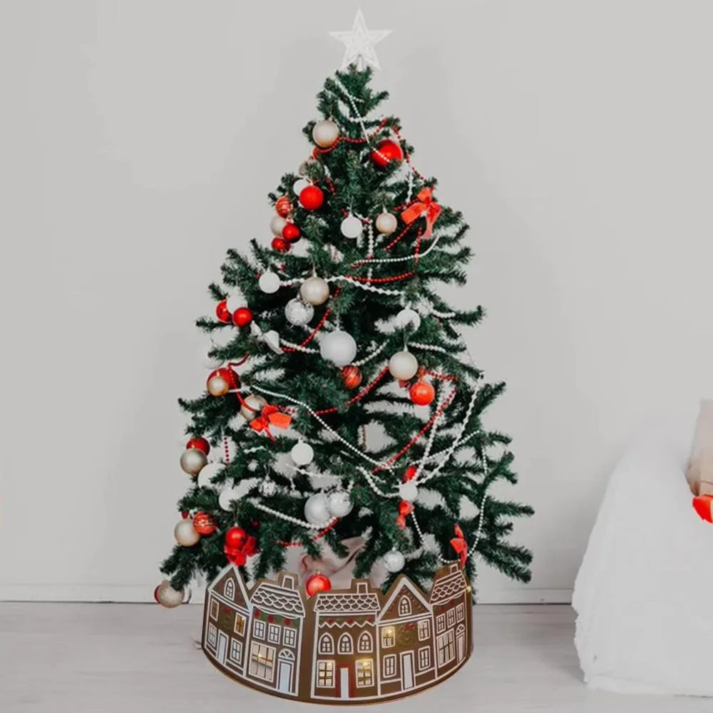 Christmas Tree Collar Gingerbread House Tree Skirt Collar with LED Lights Xmas Tree Base Cover for Holiday Home Decor
