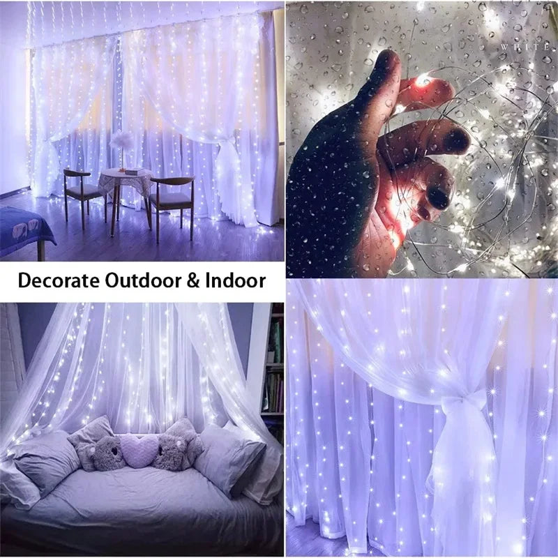 3/6M LED Curtain Garland Fairy String Lights Christmas Holiday Party Wedding Decoration USB Remote 8 Modes Waterfall Lighting