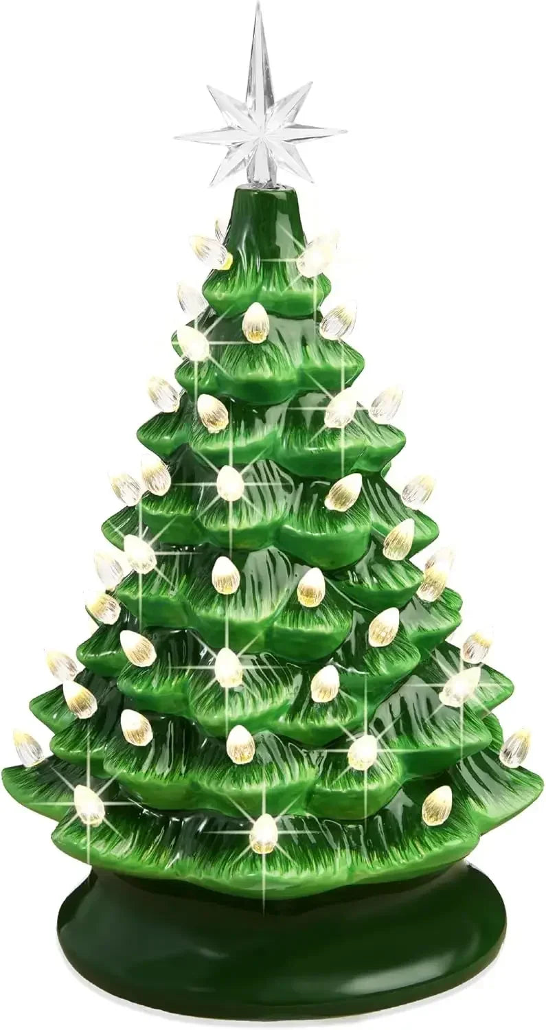 Christmas Tree 15in Ceramic  Pre-lit Hand-Painted Tabletop Holiday Tree, 2 Star Toppers, 64 Lights - Flocked Christmas Trees