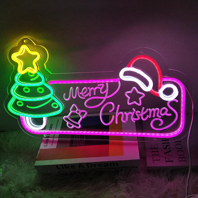 Merry christmas neon ambiance decoration holiday event neon sign, santa claus christmas tree snowman modeling luminous lights