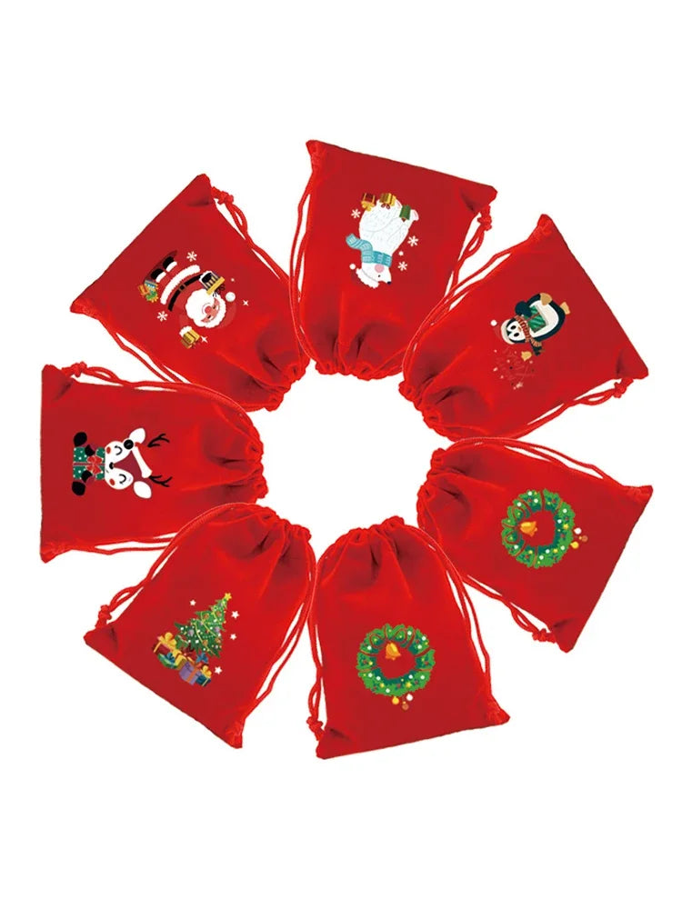 1pc Drawstring Christmas Velvet Bags Red Gift Packaging Bag Candy Biscuit Pouch Merry Xmas Bracelet Jewelry DIY Storage Supplies