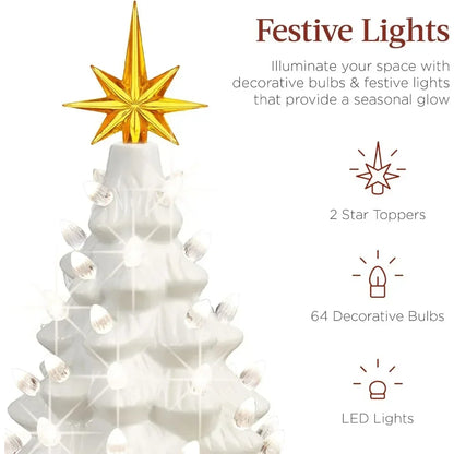 Christmas Tree 15in Ceramic  Pre-lit Hand-Painted Tabletop Holiday Tree, 2 Star Toppers, 64 Lights - Flocked Christmas Trees