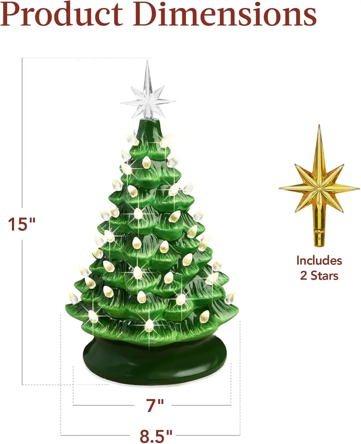 Christmas Tree 15in Ceramic  Pre-lit Hand-Painted Tabletop Holiday Tree, 2 Star Toppers, 64 Lights - Flocked Christmas Trees