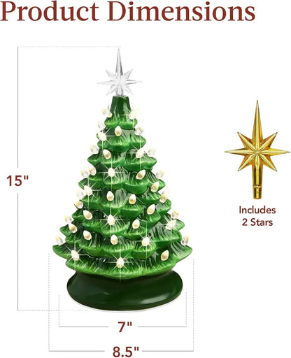 Christmas Tree 15in Ceramic  Pre-lit Hand-Painted Tabletop Holiday Tree, 2 Star Toppers, 64 Lights - Flocked Christmas Trees