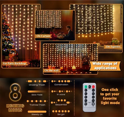 3/6M LED Curtain Garland Fairy String Lights Christmas Holiday Party Wedding Decoration USB Remote 8 Modes Waterfall Lighting