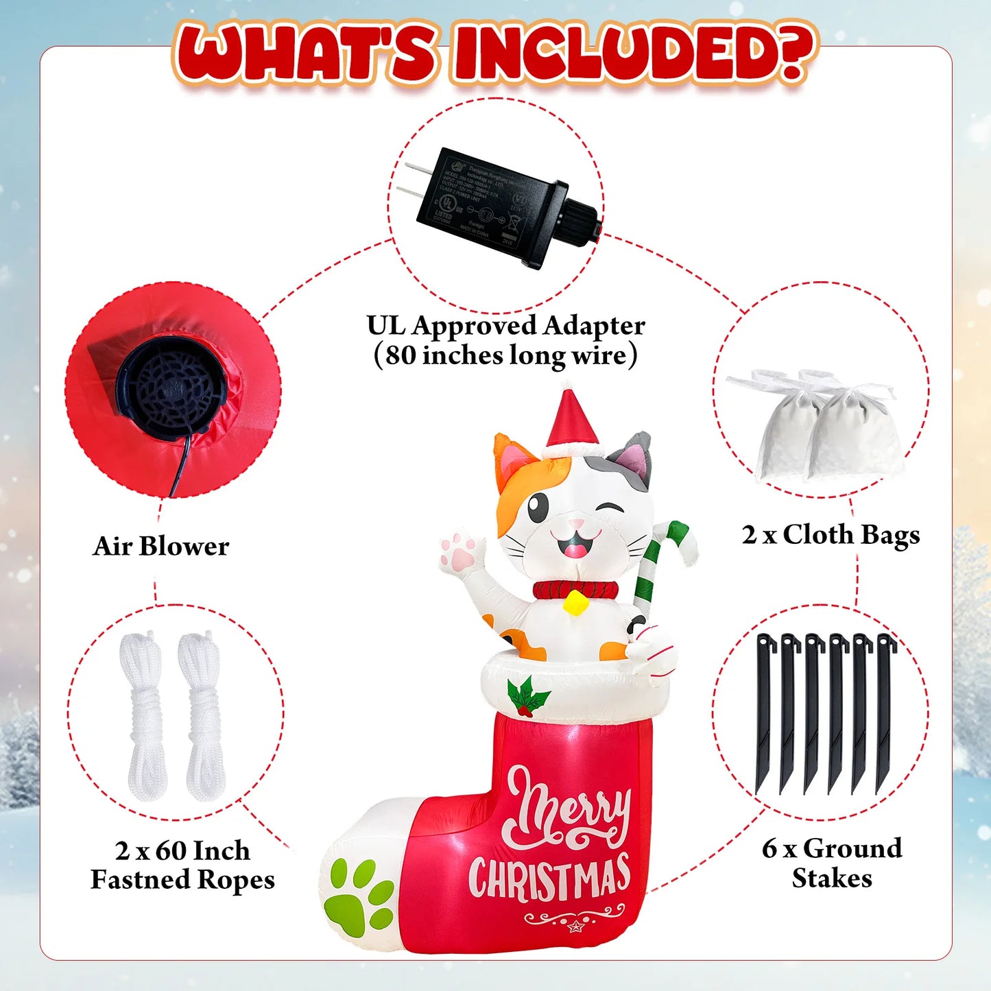 OurWarm 6FT Christmas Inflatables Outdoor Decorations, Christmas Blow Ups Dog in Xmas Stocking with Build-in LEDs and Candy