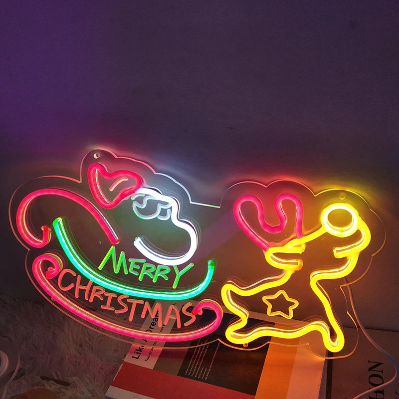 Merry christmas neon ambiance decoration holiday event neon sign, santa claus christmas tree snowman modeling luminous lights