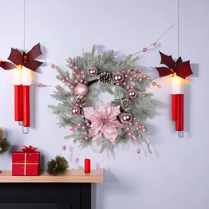 New Christmas Pink Wreath with Balls Artificial Plant Rattan Garland Christmas Rattan Hanging Ornament for New Year Home Decor
