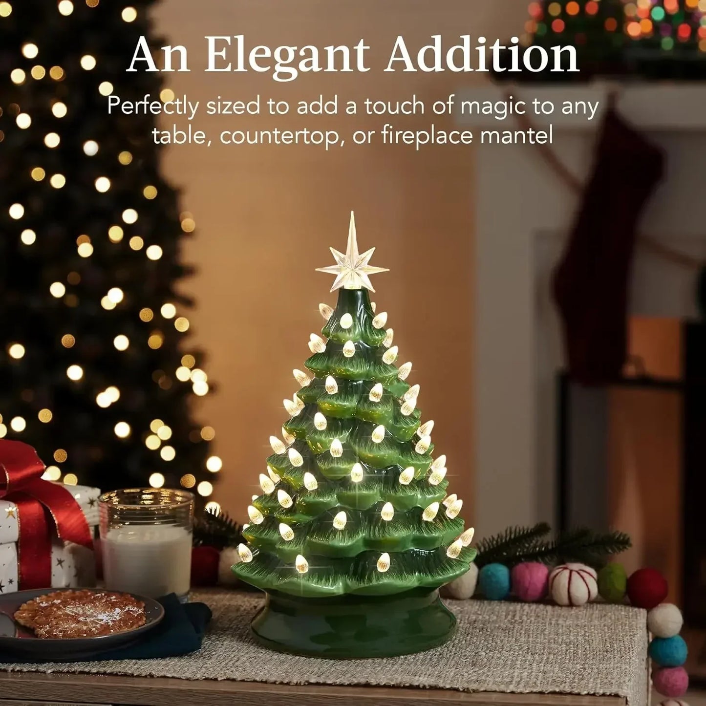 Christmas Tree 15in Ceramic  Pre-lit Hand-Painted Tabletop Holiday Tree, 2 Star Toppers, 64 Lights - Flocked Christmas Trees