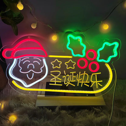 Merry christmas neon ambiance decoration holiday event neon sign, santa claus christmas tree snowman modeling luminous lights
