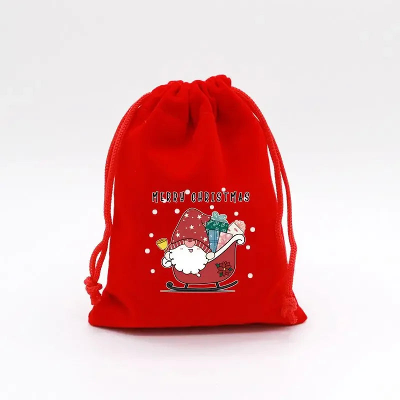 1pc Drawstring Christmas Velvet Bags Red Gift Packaging Bag Candy Biscuit Pouch Merry Xmas Bracelet Jewelry DIY Storage Supplies