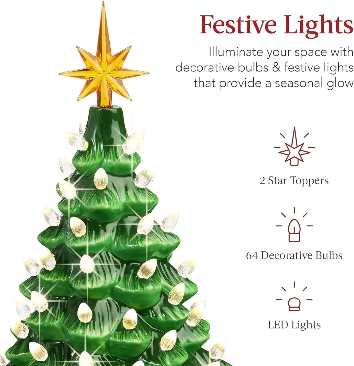 Christmas Tree 15in Ceramic  Pre-lit Hand-Painted Tabletop Holiday Tree, 2 Star Toppers, 64 Lights - Flocked Christmas Trees