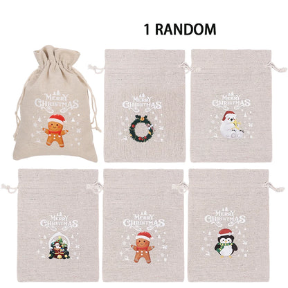 30/1Pcs Christmas Drawstring Bag Santa Claus Snowman Linen Candy Gift Packaging Bags Xmas Favor Bracelet Jewelry Storage Pouch