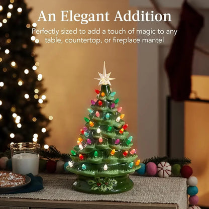 Christmas Tree 15in Ceramic  Pre-lit Hand-Painted Tabletop Holiday Tree, 2 Star Toppers, 64 Lights - Flocked Christmas Trees